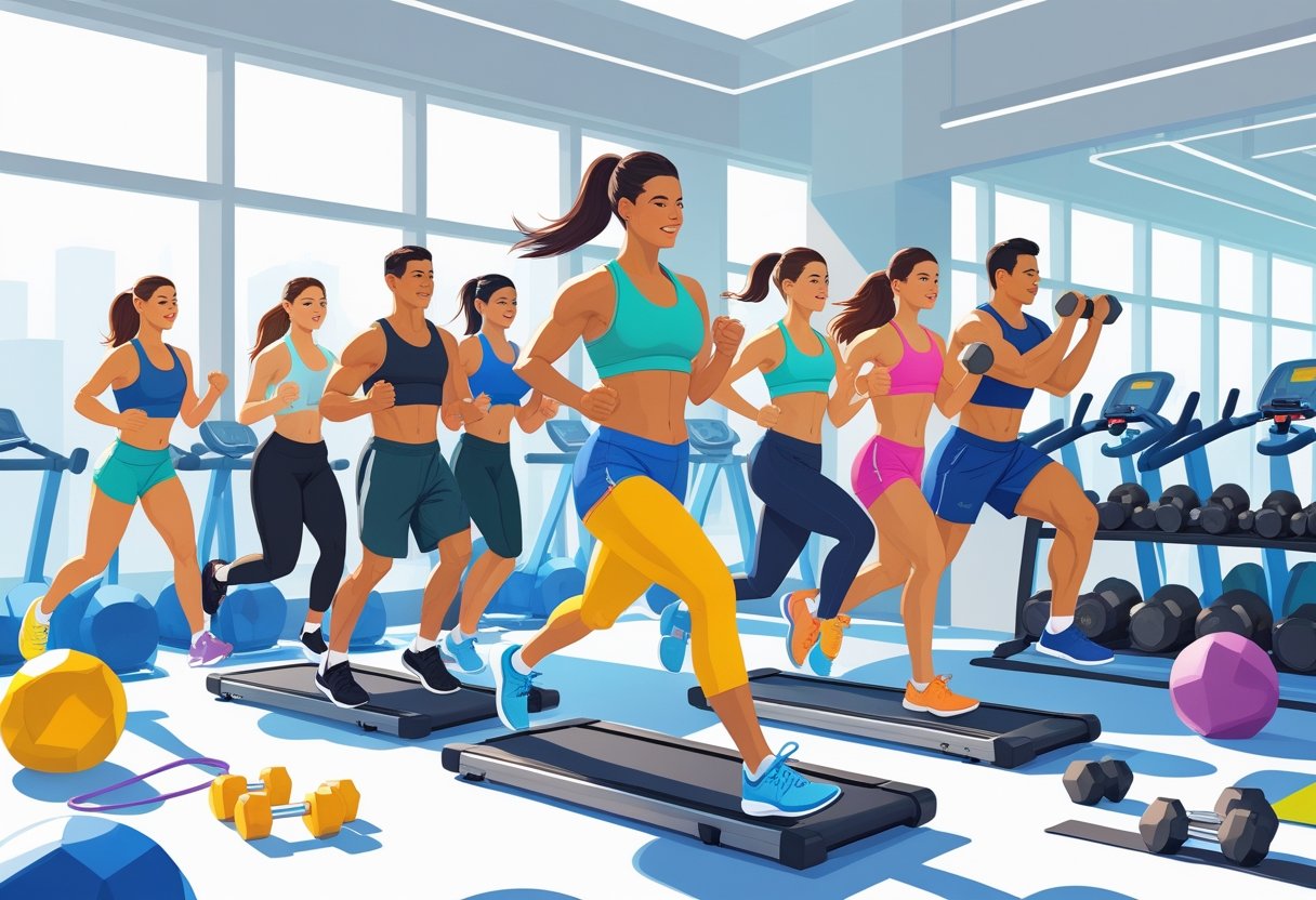 People exercising in a gym using equipment like treadmills, dumbbells, and jump ropes to lose fat.