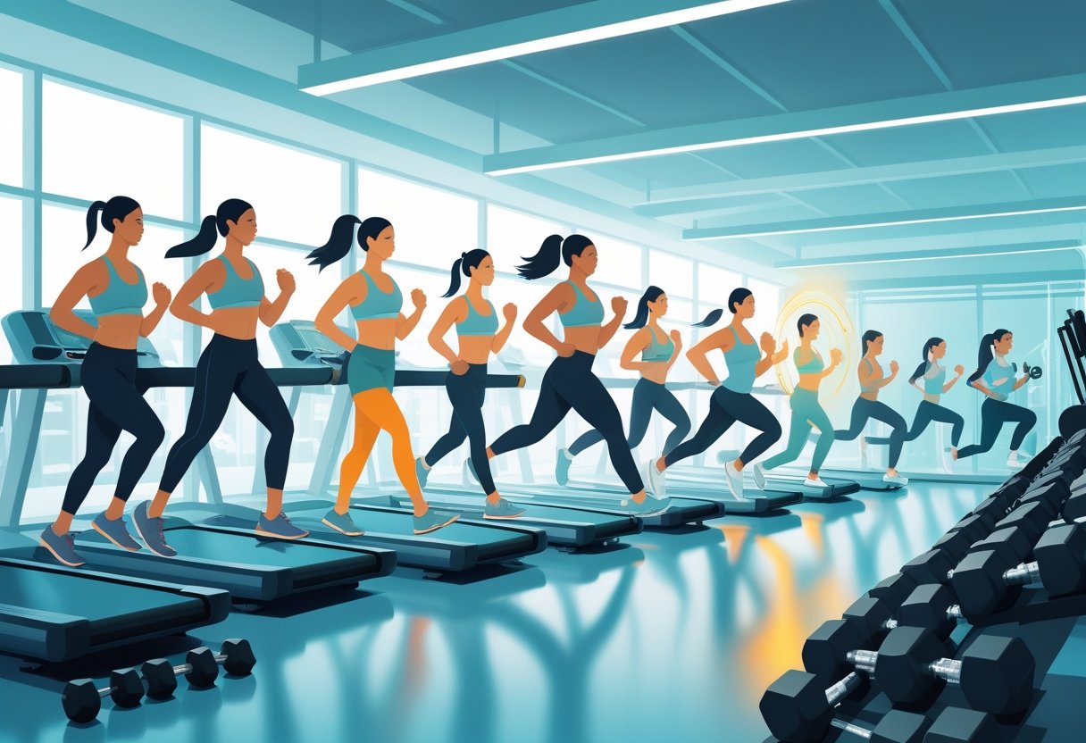 People exercising in a gym performing various workouts like running, weightlifting, and stretching to support fat loss.