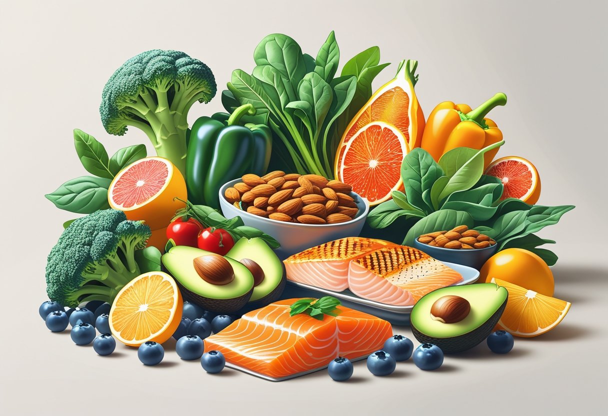 An assortment of fresh vegetables, lean proteins, whole foods, and fruits arranged together on a neutral background.