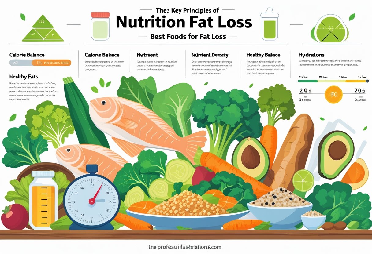 A table with a variety of healthy foods including grilled chicken, fish, vegetables, whole grains, and nuts, alongside measuring tools and icons representing hydration and portion control.