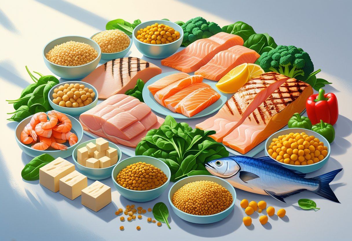 An assortment of high-protein foods including grilled chicken, salmon, shrimp, tofu, chickpeas, lentils, quinoa, and fresh vegetables arranged on a clean surface.